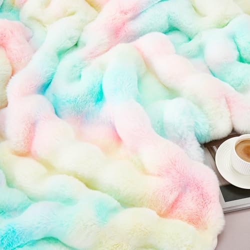 JONIYEAR Large Decorative Colorful Bubble Faux Rabbit Fur Bed Blanket Full Size 70" x 80", Soft Thick Warm Fluffy Blankets for Winter, Luxury Shag Big Cozy Fuzzy Furry Blanket for Women Girls, Rainbow - color: Colorful Rainbow - 900gsm, size: Full Size -