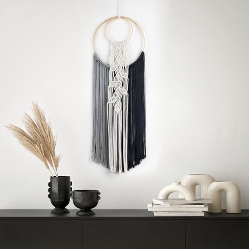 LB Black Macrame Wall Hanging, Handmade Woven Tapestry- Boho Dream Catchers Grey and Black Hanging Macrame Wall Art for Living Room Apartment Office Backdrop,10X30 Inch - color: Grey