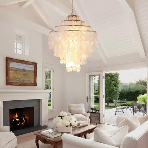 Coastal Capiz Shell Chandelier 24 inch Gold Natural Seashell Farmhouse Boho Chandelier 4-Light Pendant Light Fixture for Living Room Foyer Kitchen Island Entryway Dining Room Bedroom,LED Bulb Included - size: 24 inch