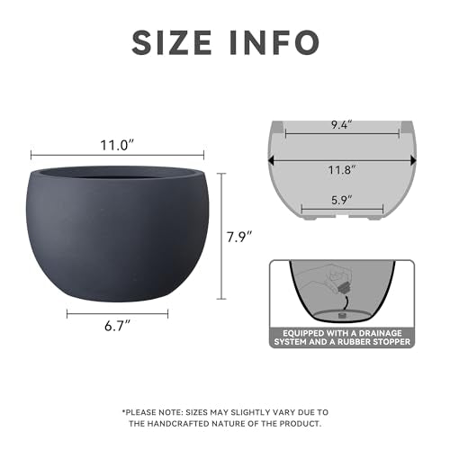 Kante 11.8" Dia Round Concrete Planter, Outdoor/Indoor Large Bowl Plant Pots with Drainage Hole and Rubber Plug for Garden Patio Balcony Home, Charcoal - color: Charcoal, size: 11.8" d