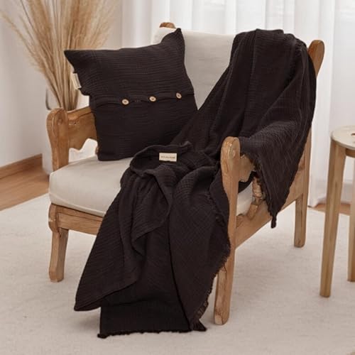 Muslin Blanket - Pure 100% Turkish Cotton Airy Soft Light Versatile Gauze Throw Blanket for Bed, Couch, Sofa (Black, Throw Size (50" x 66" inch)) - color: Black, size: Throw Size ( 50" x 66" inch )