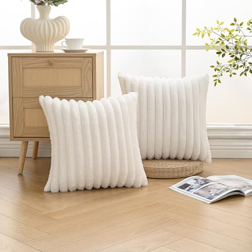 Volcanics Set of 2 Faux Fur Plush Decorative Throw Pillow Covers 18x18 Inches, Striped Cushion Cases Soft Fluffy Accent Pillowcases for Sofa, Couch and Bed, Cream White - color: Cream White, size: 18" x 18" (Pack of 2)