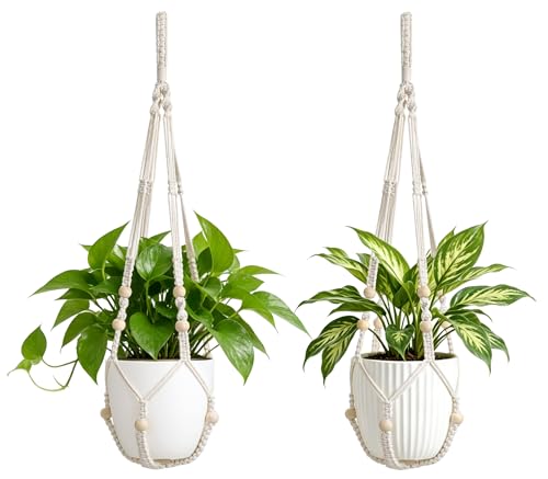 Mkono Macrame Plant Hanger Indoor 29 Inch Hanging Planter Basket with Wood Beads Decorative Flower Pot Holder No Tassels for Indoor Outdoor Boho Home Decor (POTS NOT Included) (2, Ivory)