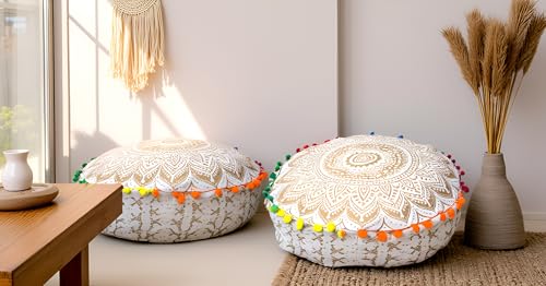 ICC Floor Pillows & Cushion covers Decorative Hippie Mandala Pouf Pillow covers Seating Meditation Cushion Cover Large Boho Ottoman Case Pillowcase Couch White Gold Ombre 16" Round - color: White Gold, size: 16"D x 16"W x 5"H
