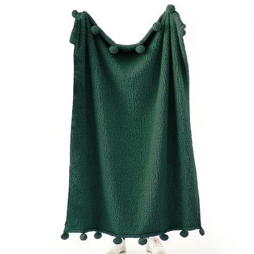 HORIMOTE HOME Ultra Soft Sherpa Throw Blanket with Pompom Fringe, Lightweight Plush Boho Throw Blanket for Couch, Sofa, Bedroom,Travel, Christmas Decor, Warm Blanket for Winter, 50"x60", Green - color: Green With Fringe, size: Throw-50'' x 60''
