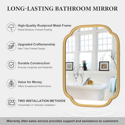 Ferytange Gold Mirrors for Bathroom, 18" x 24" Rectangular Wall Mirror for Bathroom Metal Frame Farmhouse Rounded Corner Wall Mirror (Horizontal/Vertical) - color: Gold, size: 24"L x 18"W