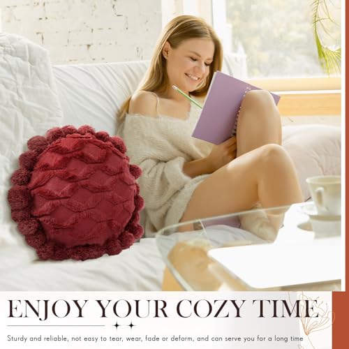 Tranqun 2 Pcs Boho Throw Pillows Cover 15.7 Inch Round Bohemian Decorative Pillow Covers Throw Pillow Cover Hand Tufted with Textured Pom Poms Cushion for Couch Sofa Bed Yoga (Red Rust Color) - color: Red Rust Color