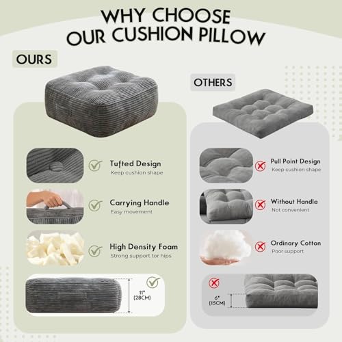11" Thick Washable Floor Pillow for Adults, Yoga & Meditation Cushion with Handle, Square Large Pillows Seating with Removable Tufted Corduroy Cover for Tatami Living Room Board Games, Light Gray - color: Light Gray