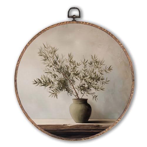 Lengues Vintage Olive Branch Round Wall Art, Pottery Still Life Round Wall Decor, Neutral Modern Organic Canvas Framed Art Prints, Cottagecore Olive Tree Hanging Frame for Home Room Decor 10x10 Inch