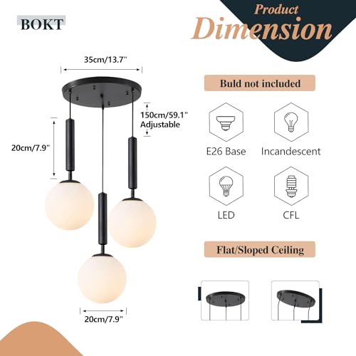 BOKT 3 Light Globe Cluster Pendant Light Modern Black Hanging Pendant Light Fixture White Milk Glass Vintage Farmhouse Pendant Lights Kitchen Island Adjustable Height Stairwell Lighting Chandelier - color: Black-3Light