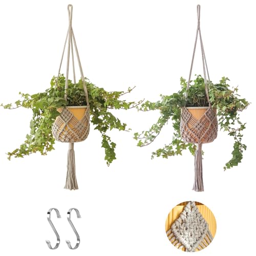 Hanging Planter with Patterns,2Packs Macrame Plant Hangers Indoor Macrame for up to 8 inch Pot Crochet Boho Plant Hanger Holder for Indoor Outdoor with 2S Shaped Stainless Steel Hooks (Gray) - color: Gray