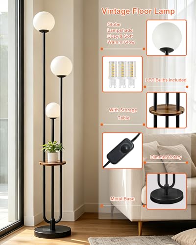 63IN Black Floor Lamp with Shelf Mid Century Modern Tall Standing Lamps with 3000K Warm White Bulb Included Dimmable Globe Floor Lamp with 5Lbs Heavy Base for Living Room/Bedroom/Home Decor - color: 3 Globe-Black Shelf