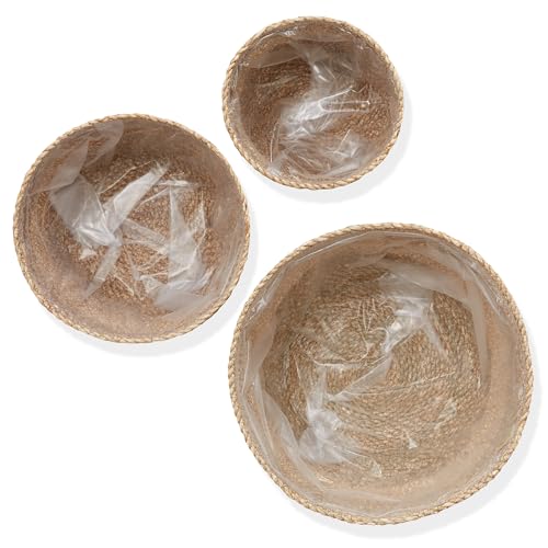 Casafield Set of 3 Seagrass Planter Baskets with Liners - Two-Tone, Hand Woven Indoor Flower Pot Covers for Plants, Succulents, Home Decor