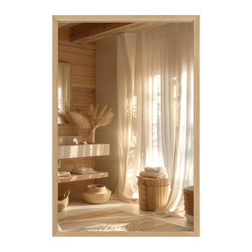 36"x24" Solid Wood Bathroom Mirror, Rustic Wood Frame Wall Mirror for House Decor, Rectangle Farmhouse Bathroom Vanity Mirror Bedroom Living Room Entryway, Explosion-Proof Horizontal/Vertical - color: Solid, size: 36"L x 24"W