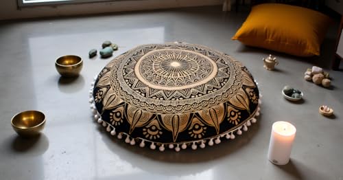 Round Mandala Floor Pillow Cover Seating Cushion Throw Cover Hippie Decorative Bohemian Ottoman Pouf Cover, Pom Pom Pillow Cases,Boho Indian 32 Inches Black Golden - color: Golden, size: 32" Round