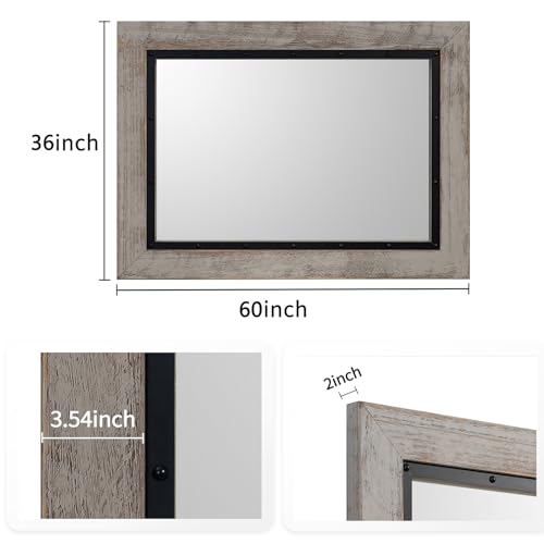 YOSHOOT Rustic Wooden Framed Wall Mirror, Natural Wood and Iron Bathroom Vanity Mirror for Farmhouse Decor, Vertical or Horizontal Hanging, 60" x 36", Grey - color: White Grey, size: 60"L x 36"W