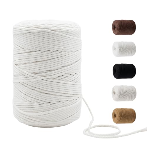 220 Yards Macrame Cord 4 Strand Twisted Recycled Cotton 4mm White String for Crafts Wall Hangings Plant Hangers DIY Knitting Macrame Supplies - color: White, size: 4mmx220Yards