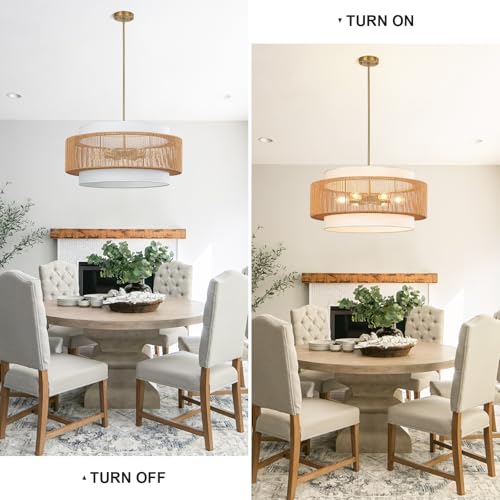 25.6" Rattan Chandelier, 6-Light Large Rattan Pendant Light with Fabric Lampshade, Farmhouse Boho Light Fixture Ceiling Hanging for Dining Room, Living Room, Bedroom, Kitchen Island, Hallway, Foyer - size: 25.6" Straight weaving