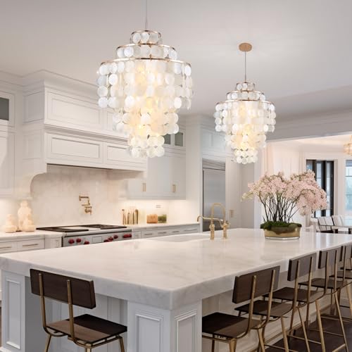 Capiz Shell Chandelier,18" Gold Coastal Chandelier Light Fixture with 4 Lights Capiz Seashell Pendant for Living Room Foyer Kitchen Island Entryway Dining Room Bedroom,LED Bulb Included - size: 18 inch