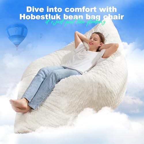 Hobestluk 3 in 1 Bean Bag Chair Giant Bean Bag Chairs for Adults with Chevron Plush Fur Cover Convertible Bean Bag Floor Cushion with Machine Washable Cover for Living Room (Chevron Plush White) - color: Snow White
