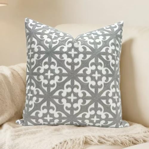 Slow Cow Embroidery Decorative Throw Pillow Cover Grey Kaleidoscope Design Pattern Cushion Cover 18 x 18 Inches - color: Grey Farmhouse Flower, size: 18" x 18" (Pack of 1)