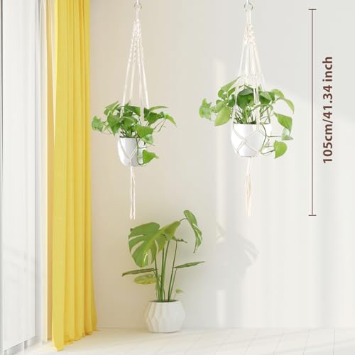 Macrame Plant Hanger Indoor Hanging Planter Basket with Wood Beads Decorative Flower Pot Holder No Tassels for Indoor Outdoor Boho Home Decor 35 Inch, Ivory (Pots Not Included) - style: Style4-2 Pack