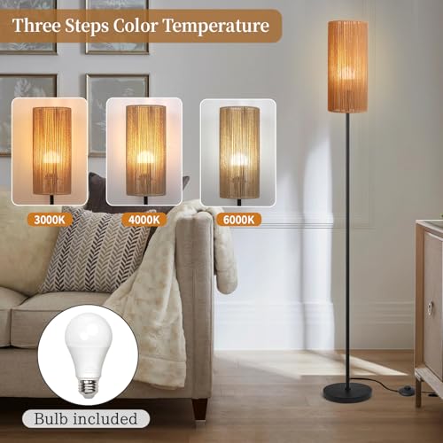 Ruiever Floor Lamp for Living Room,Farmhouse Floor lamp,Modern Standing lamp with Hand-Worked Rattan Shade (Straight Line Rattan Shade- 3 Color Bulb) - style: Straight Line Rattan Shade- 3 Color Bulb