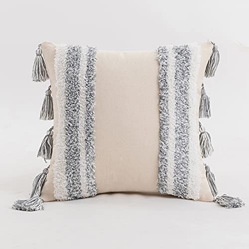 Boho Throw Pillow Cover Tufted Woven Decorative Pillowcase with Tassel Accent Square Farmhouse Stripe Cushion Cover for Sofa Bed Living Room (Gray,18x18 Inch) - color: Gray, size: 18" x 18" (Pack of 1)