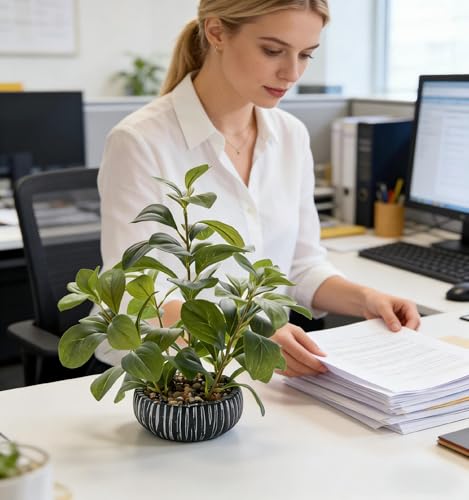 14" Artificial Broad Leaf Potted Plant in Black and White Ceramic Bowl Planter Lifelike Two-Tone Leaves Small Tabletop Fake Plant for Desk Bathroom Shelf Decor - color: Ficus