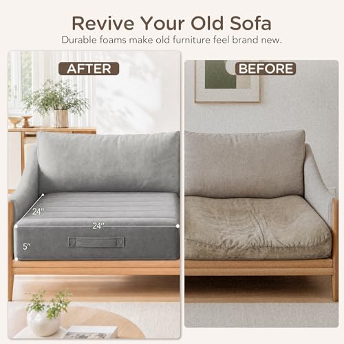 Codi Thick Replacement Couch Cushions 2 Sets, Upholstery Foam with Washable Covers for Sofa Cushion Chair Meditation - 24 × 24 × 5 Inch, High Density Foam, Grey - color: Grey, size: 24 Inch (Pack of 2)