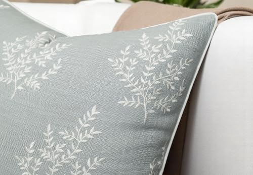 VAGMINE Embroidered Fern Botanical 18x18 Throw Pillow Cover - Blue Grey Cotton Square Cushion for Sofa Couch Bed - Cottagecore Farmhouse Home Decor - Leaves - color: Robins Egg-leaves, size: 18" x 18" (Pack of 1)