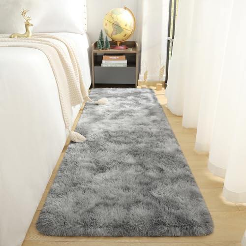 Tie-dye Runner Rug 2x6 Grey Rug Runner for Bedroom Kitchen Bedside Hallyway Entryway Super Soft and Fluffy Carpets Washable Kids and Pets Friendly - color: Grey and White, size: 2 x 6 feet