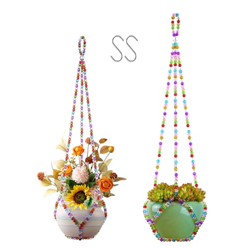 2 Pack Macrame Plant Hanger, Handmade Glass Bead Plant Hanger Colorful Decorative Bohemian Hanging Planter Holder for Indoor and Outdoor Home Garden Decor. Does Not Include Flower Pot.(17''/21'')