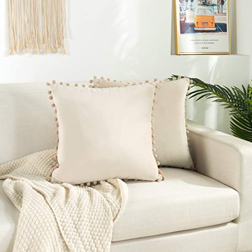 Elegant Comfort POM-POMS Fringe Velvet Cushion Covers Set of 2, Velvet Soft Solid Decorative Square Throw Pillow Covers Set Cushion Case for Couch Bed, Livingroom 20 x 20 Inch (50 x 50 cm), Cream - color: Cream, size: 20" x 20" (Pack of 2)