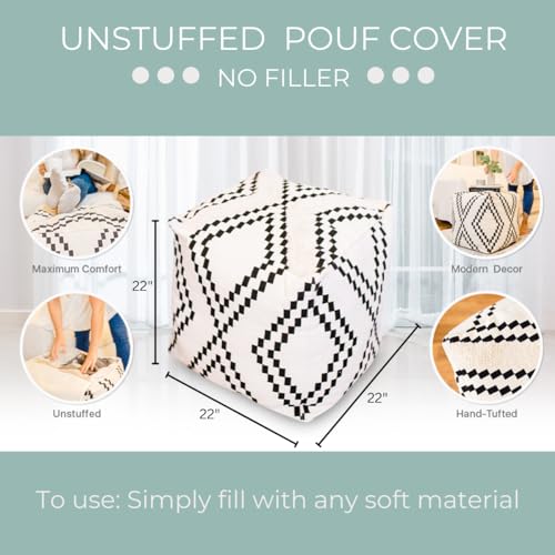 Unstuffed Boho Pouf Ottoman Cover – Modern Bohemian Living Room Decor, Kids, Nursery, Dorm Room – Minimalist Storage Solution, Foot Rest – Hand-Tufted Square Neutral Removable