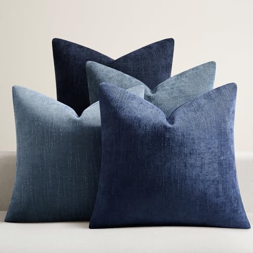 Pack of 4 Throw Pillow Covers 22x22 Inch Chenille Textured Neutral Blue Soft Pillow Covers Solid Decorative Farmhouse Cushion Covers Home Boho Decor for Couch Sofa Bed Living Room - color: Neutral Blue, size: 22" x 22" (Pack of 4)
