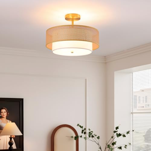 15.7" Semi-Recessed 3-Light Ceiling Light with Boho-Style Faux Rattan Shade, Gold Double-Layer Circular Design, UL-Listed for Bedroom, Kitchen, Living Room, Dining & Entryway - color: 15.7'' Rattan&Fabric Gold