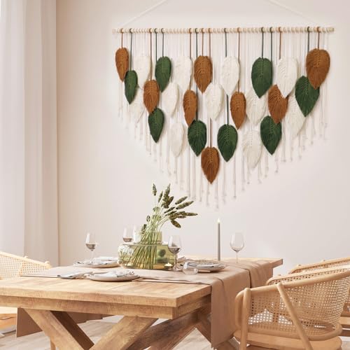 KHOYIME Large Macrame Wall Hanging Boho Woven Tapestry, Chic Home Decor Modern Bohemian Handmade Leaf Feather Wall Art Decorations for Apartment Living Room Bedroom Nursery Backdrop 51.5" W X 33.5" L - color: 51.5"W x 33.5"L