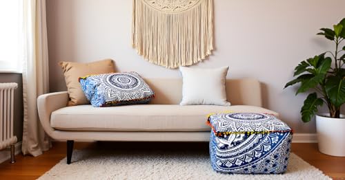 CRAFT KALA Indian Square Patchwork Traditional Pouf Cover Indian Living Room Poufs Cover Decorative Designer Ottoman Pom Pom Home Living Footstool Chair Cover Ottoman Decor 18X18X14 inches, Blue Ombre - color: Blue Ombre
