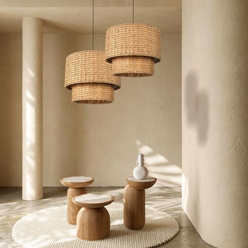 Arturesthome Rustic Pendant Light Fixture, Woven Rattan Lampshade Coastal Hanging Lighting, Adjustable Vintage Farmhouse Chandelier Lamp Shade for Kitchen Island Dining Room - size: 15.7in * 12.5in