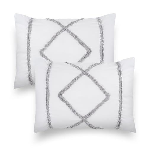 Minimalist Macrame Boho Chic White and Grey Set of 2 Pillow Cases Standard Queen Pillowcase Sham Cover Set Bed Tufted Knotted Tassel Fringe Cotton Decorative Accent Home Room Decor - color: Gray, White
