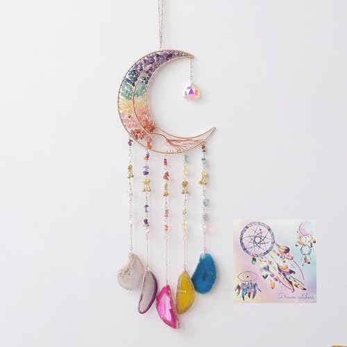 7 Chakra Wind Chimes Tree of Life Agate Moon Dream Catchers Hanging Ornament Natural Gem Agate Slice Crystal Wind Chime for Home Garden Decoration (Color) - color: Color