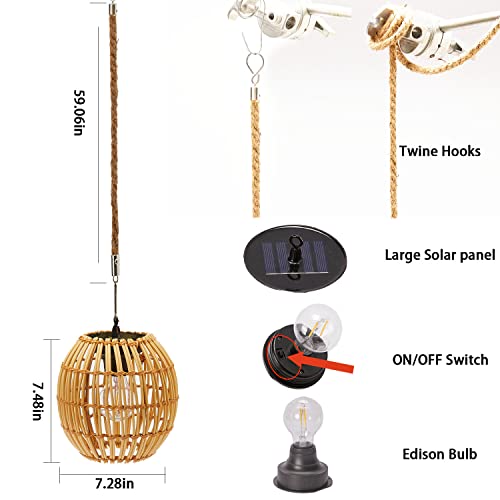 Livinlarge Hanging Solar Lantern Outdoor Waterproof, Large Solar Rattan Lantern Outdoor with Twine Handle, Bright Outdoors Hanging Lights with Edison Bulb for Garden Patio Yard Decoration - style: Solar Lantern