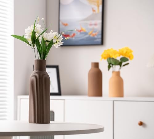 Ceramic Vase Set of 3, Flower Vases for Spring Room Decor, Kitchen Farmhouse, Modern Boho Style(Brown/Dark Brown/Orange) - color: Brown/Dark Brown/Orange