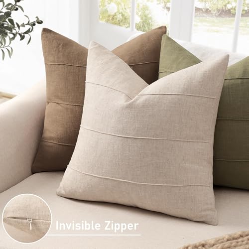 Decorative Linen Throw Pillow Covers 18x18 Set of 2 Solid handcrafted Striped Cushion Covers for Bed Soft Modern Farmhouse Neutral Pillowcase for Couch Bedroom Living Room Home Decor(Natural Beige) - color: Natural Beige, size: 18" x 18" (Pack of 2)