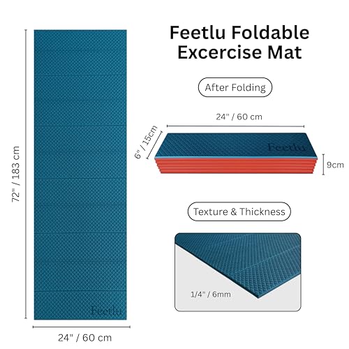 Foldable Yoga Exercise Mat, 6mm/8mm/10mm/12mm Thickness, 72 x 24 Inch - Lightweight, Anti-Slip, and Easy to Store for Yoga, Pilates, Home Workouts, and Floor Exercises - color: Teal/Orange, size: 24" x 72" x 1/4"