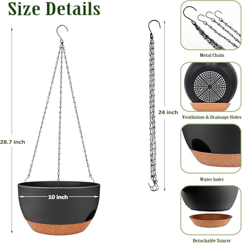 Hanging Planters for Outdoor Indoor Plants, 2 Pack 10 Inch Hanging Basket Plants Outdoor, Self Watering Hanging Planter with Plant Hanger for Garden Home Decoration (Black, 10 inch) - color: Black, size: 10 inch