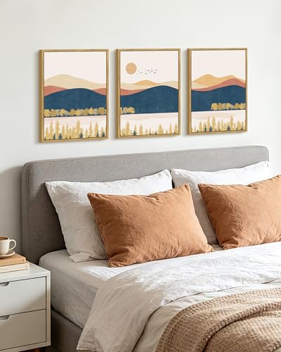 KUVIOKE Bohemain Mountain Landscape Framed Wall Art Watercolor Nature Artwork Painting Boho Farmhouse Rustic Home Decor 12x16in (Natural Framed) - color: Mountain and Laker, size: 12 x 16in x 3 Panels Natural