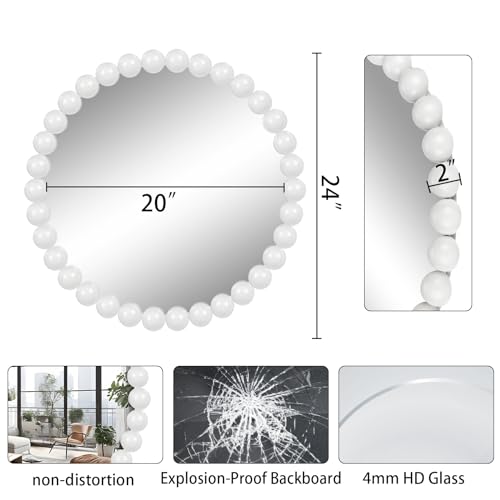 White Round Wall Mirror 24'' Wood Beaded Mirror for Wall Decor Large Circle Decorative Wall Mirror White Hanging Mirror for Bathroom,Bedroom,Living Room,Nursery Room,Kids Room - size: 24"L x 24"W
