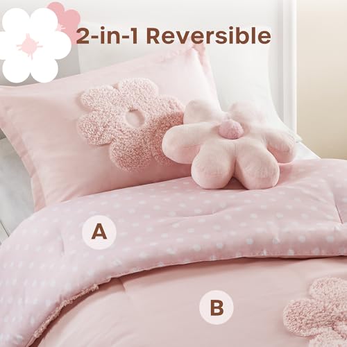 Intelligent Design Kids Twin Comforter Set for Girls, Tufted Chenille Floral Comforter Set Twin, Lightweight Polka Dot Comforter Reversible Bed Set, Sham, Pillow, Gracie, Twin Pink 3 Piece - color: Pink, size: Twin Comforter